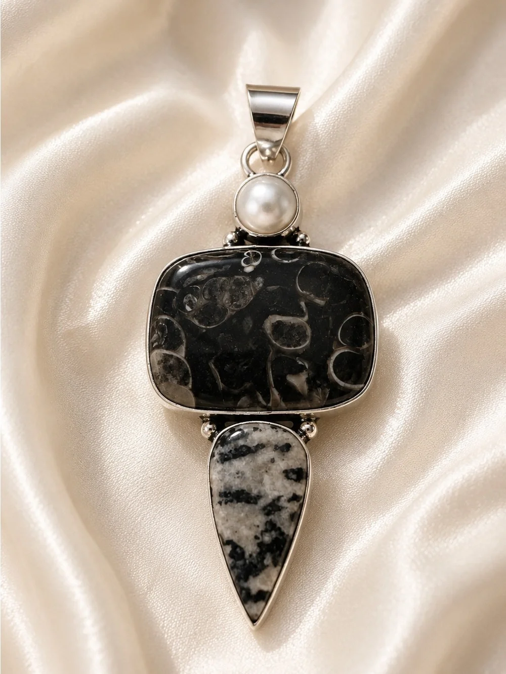 Artisan Black and White Jasper Pendant with Pearl Accent